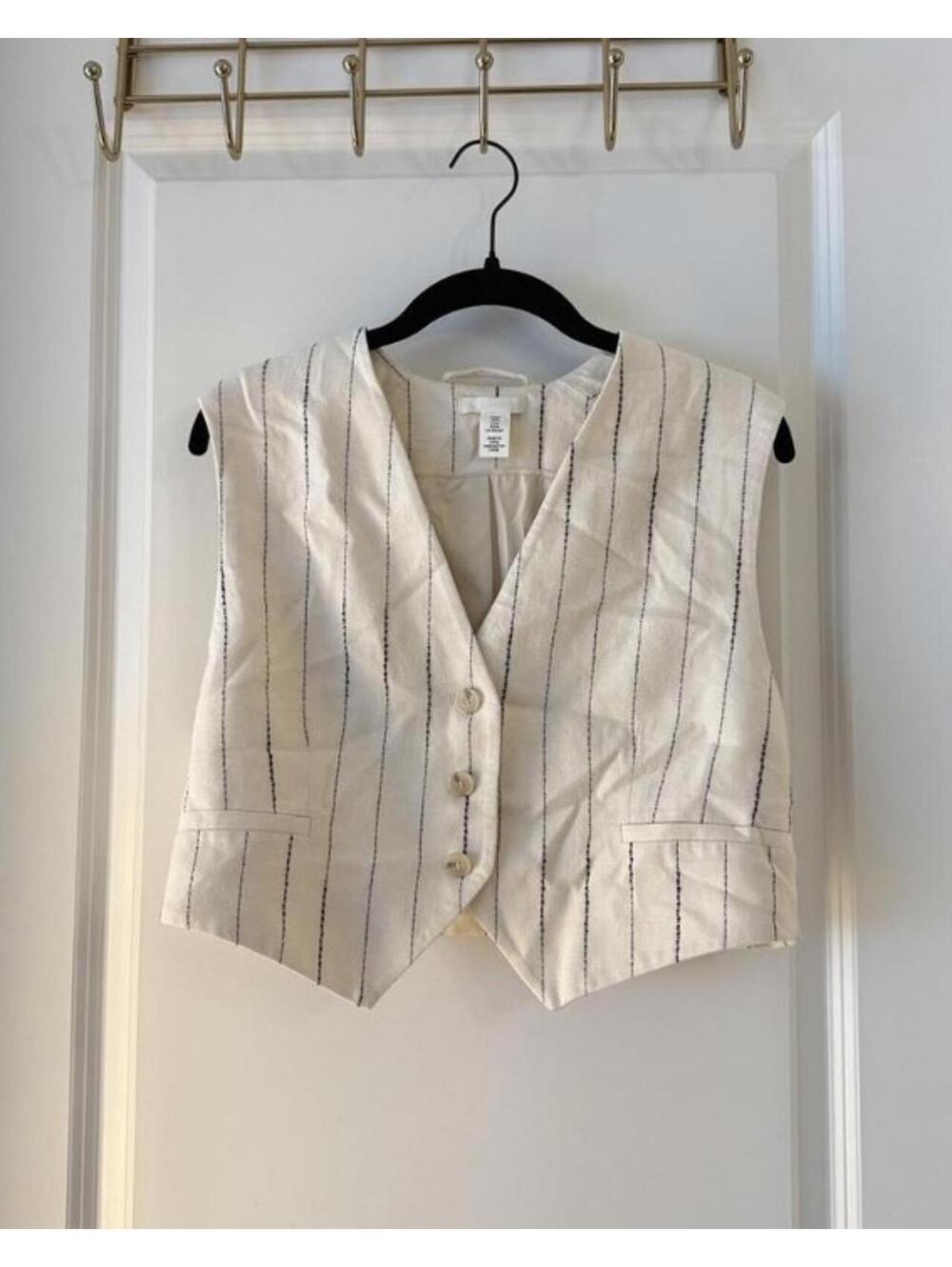 H&M Cream Striped Button-Up Vest Small